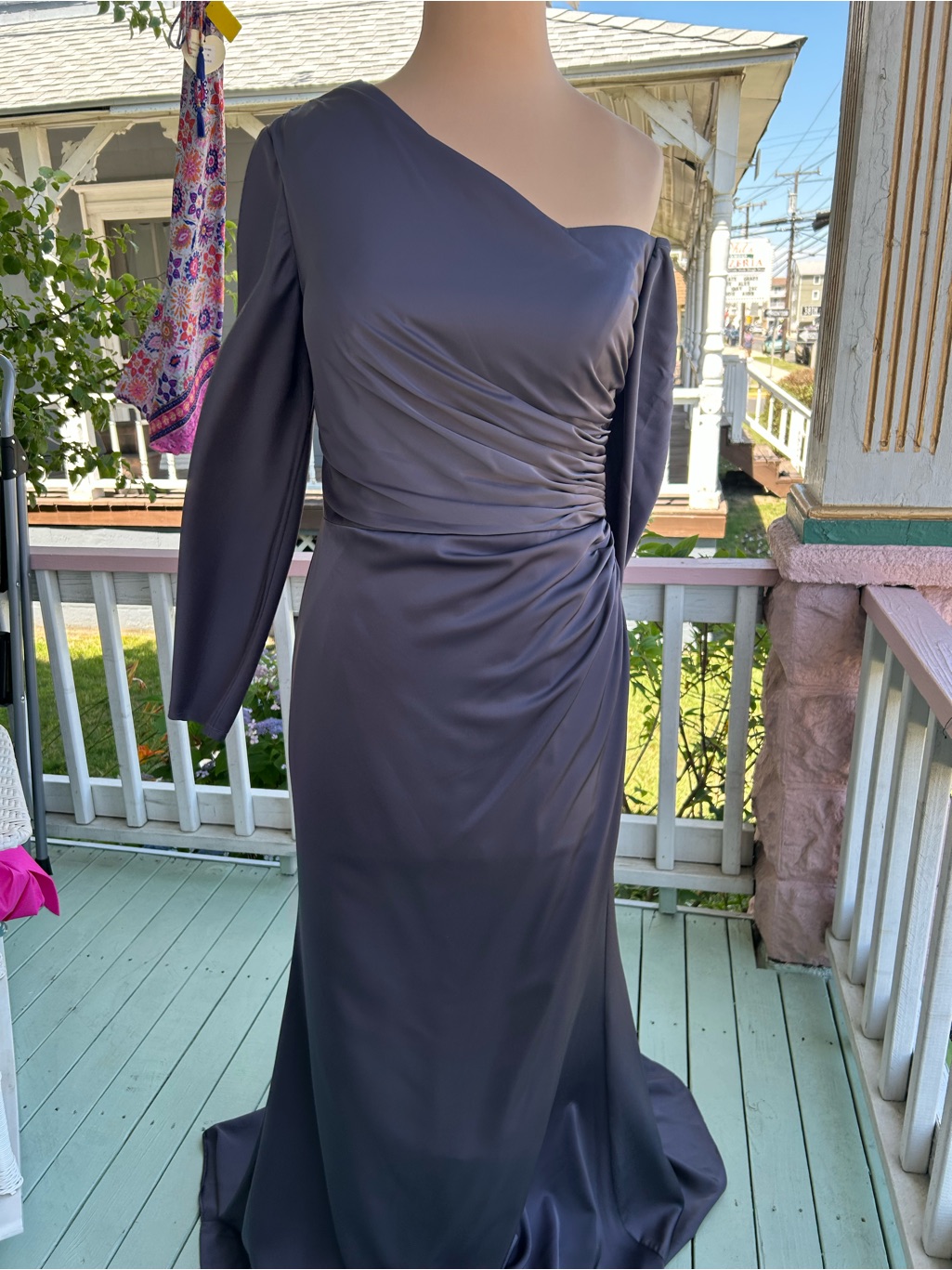 Elegant Off The Shoulder Evening Gown In Slate Gray